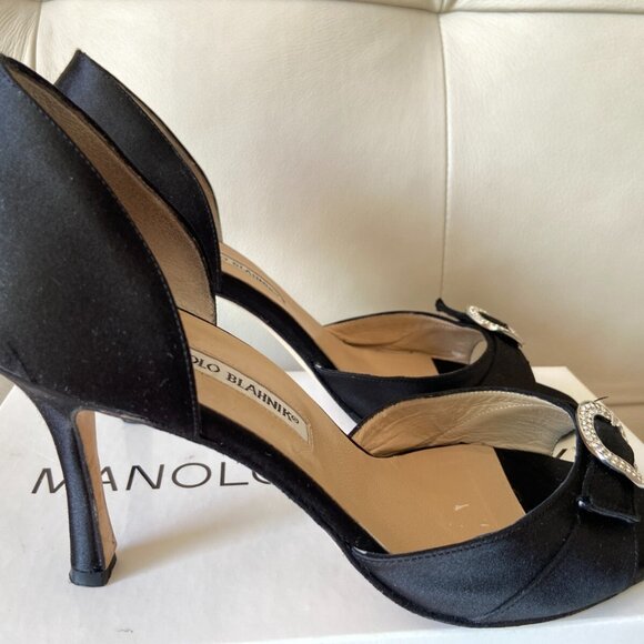 Manolo Blahnik Black Satin Crystal Jeweled Peep-Toe D'Orsay Pumps - Picture 5 of 10